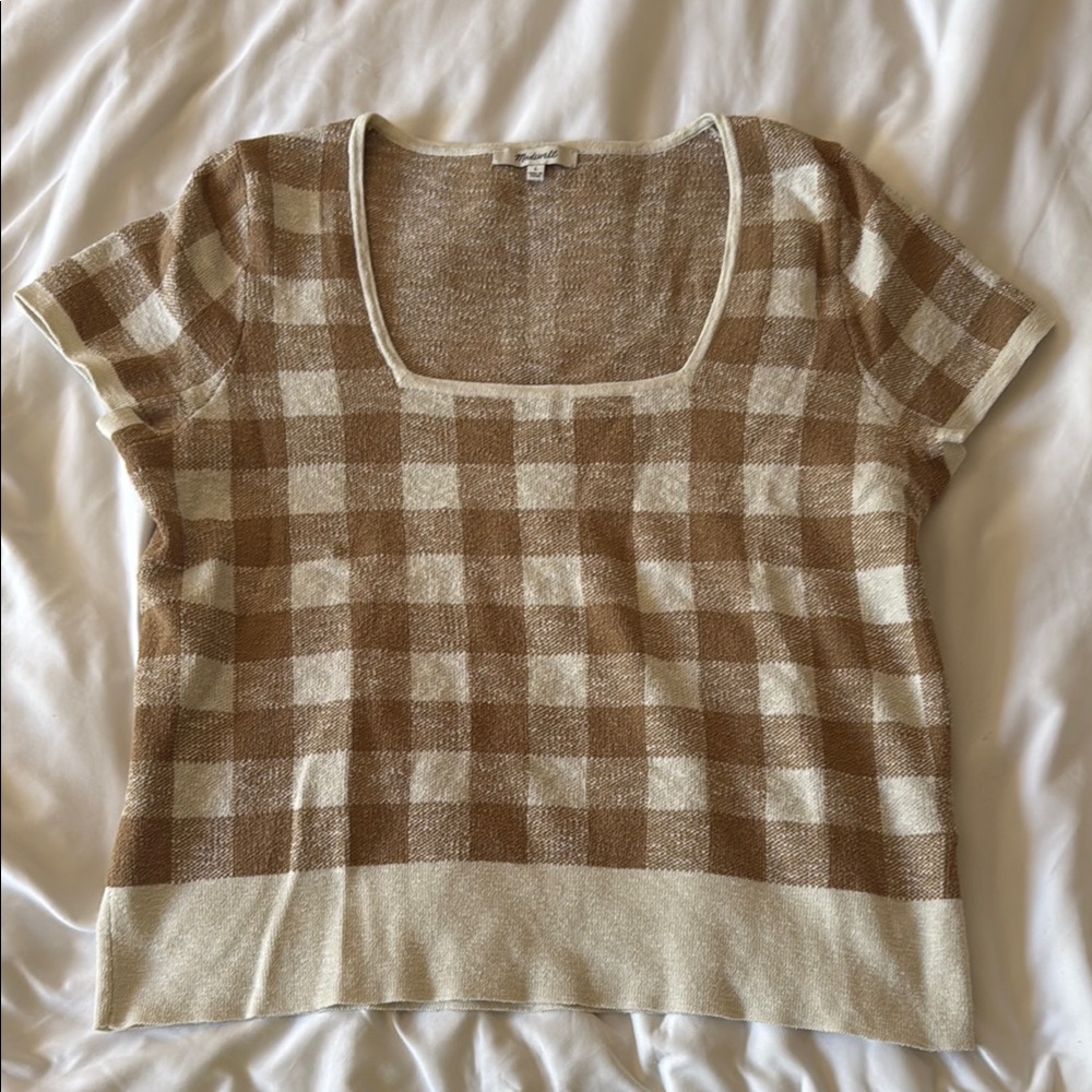 Madewell Tan and Cream Checkered Knit Top
